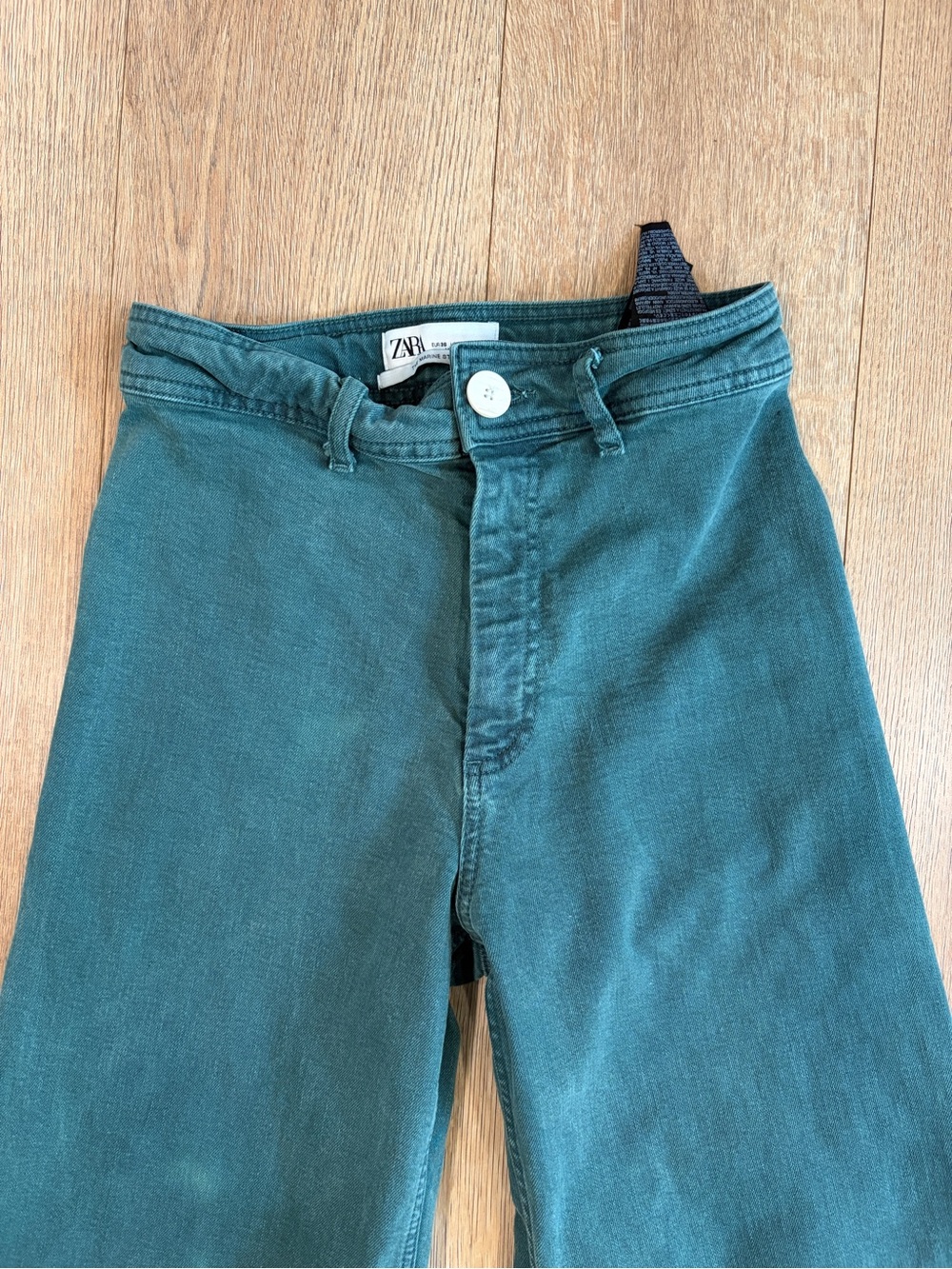Zara Marine Straight Wide Leg Jeans Teal Green Raw Hem High Rise 28 - Picture 4 of 8